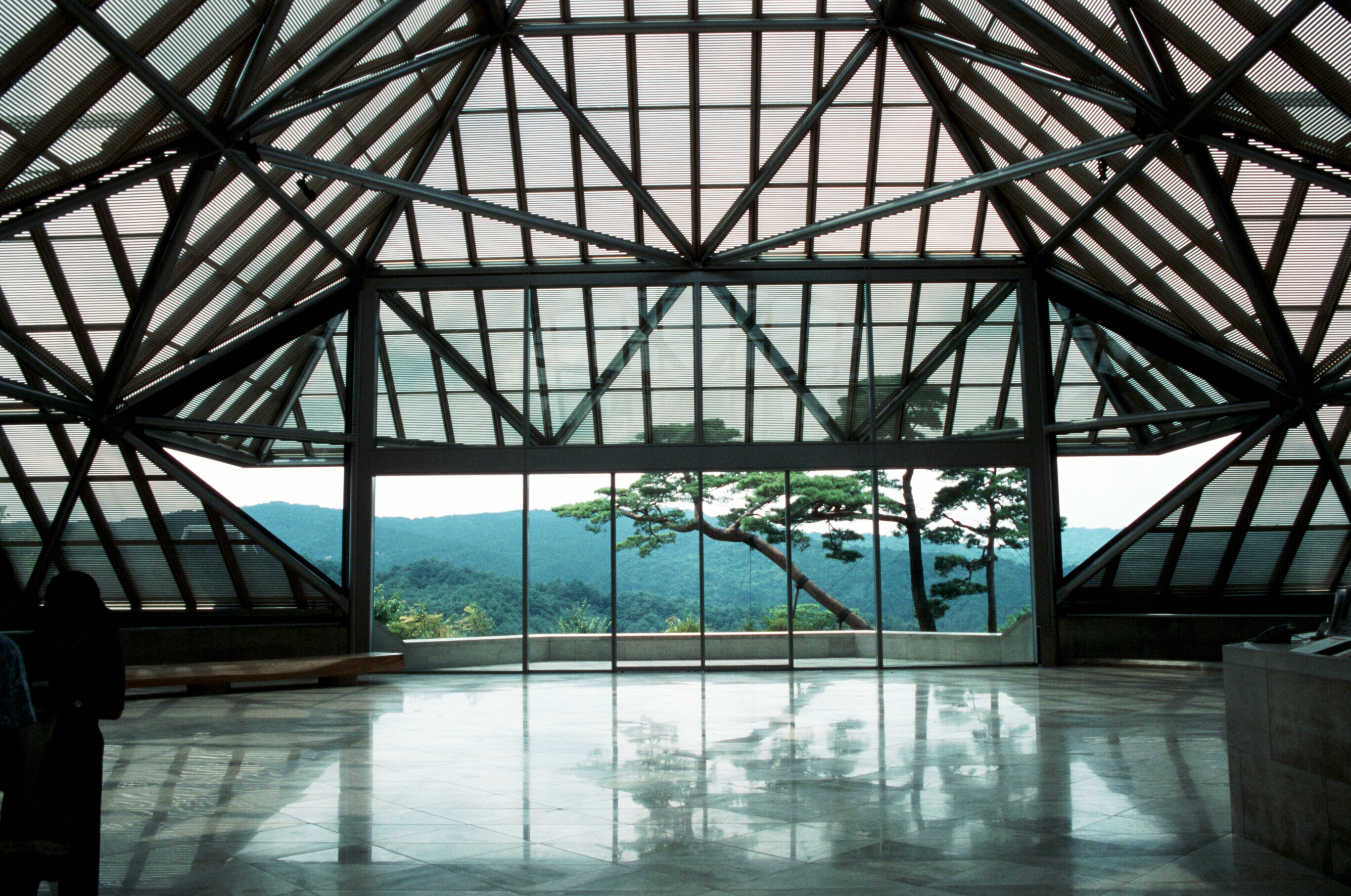 Interior of glass entrance atrium of Miho Museum designed by